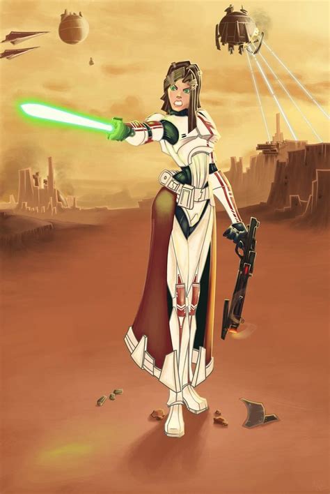 A Woman In A Star Wars Outfit Holding A Green Light Saber And Pointing