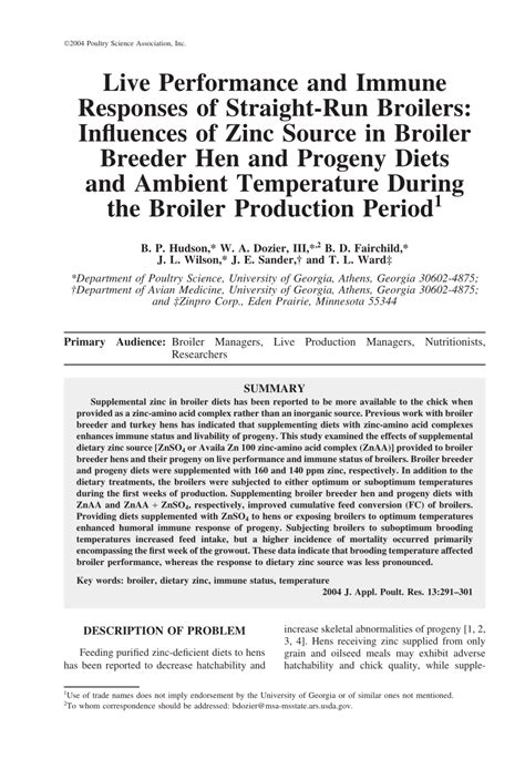 Pdf Live Performance And Immune Responses Of Straight Run Broilers Influences Of Zinc Source