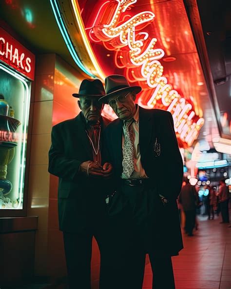 Premium Ai Image Two Men Are Walking In Front Of A Neon Sign That