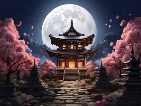 Premium Photo | Moon night Japanese temple wallpaper image Ai generated art