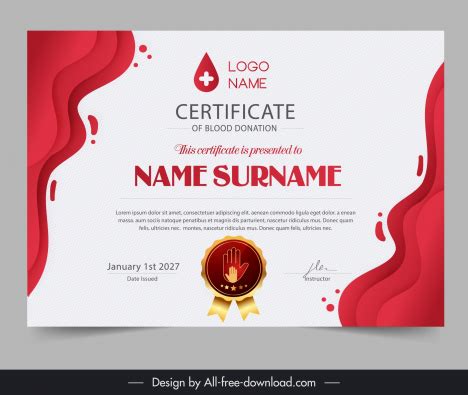 Blood donation certificate template elegant flat curves vectors stock ...