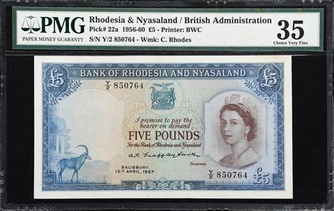 RHODESIA NYASALAND Bank Of Rhodesia And Nyasaland 5 Pounds 1957 P