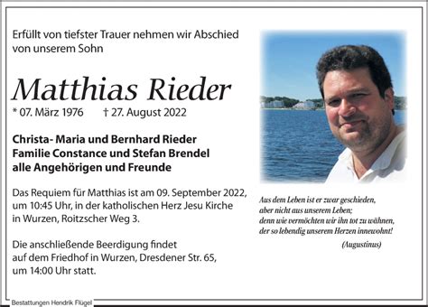 Traueranzeigen Von Matthias Rieder Trauer Anzeigen De