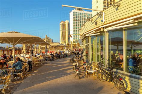 View of cafe restaurants on promenade, Hayarkon Street, Tel Aviv ...