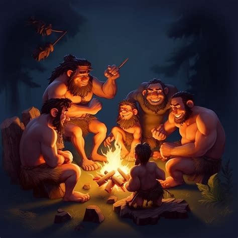 Premium AI Image | Cavemen cartoon from a prehistoric tribe stone age Neanderthal and Homo ...