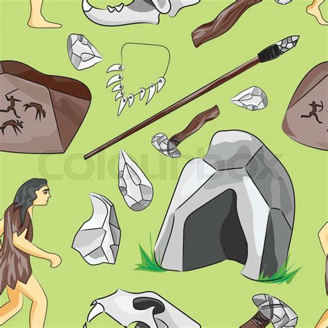 Prehistoric Stone Age Icons Set Pattern Stock Vector Colourbox