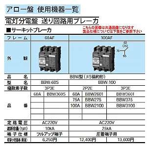 BBW K パナソニック Panasonic 電設資材 アロー盤 電灯分電盤動力分電盤 送り回路用ブレーカ サーキットブレーカBBW 型 P E A