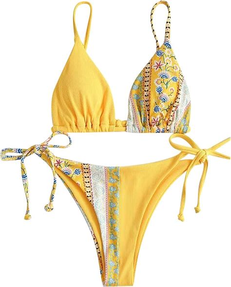 Sonojie Damen Bikini Sets Badeanzug Push Up Hochgeschnittener Schnür