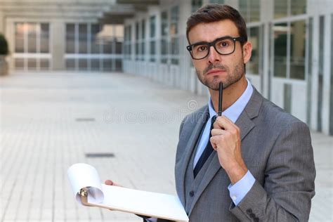 Businessman Thinking While Taking Notes Stock Image Image Of