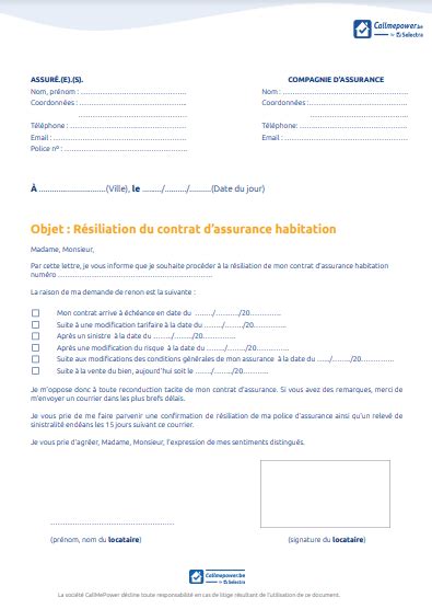 Lettre de résiliation assurance habitation en Belgique