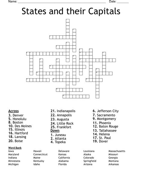 States And Their Capitals Crossword Wordmint