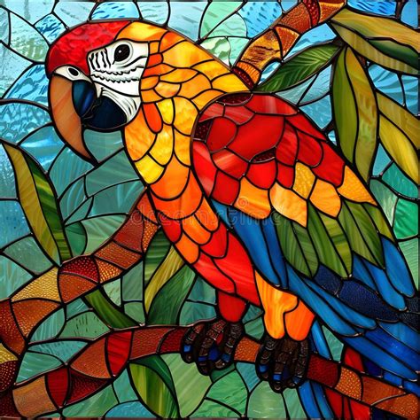 Colorful Stained Glass Parrot On A Tree Branch Artistically Stock