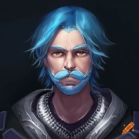 Anime Style Portrait Of A Middle Aged Man With Blue Hair And Mustache