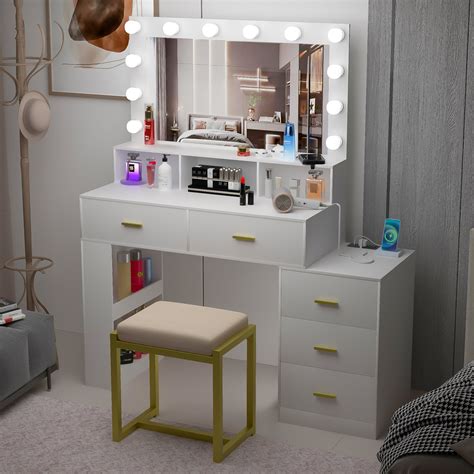 Everly Quinn Maxymus Modern Makeup Vanity Dressing Table With Led