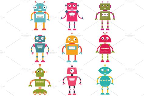 Cute robot characters, set of nine ~ Illustrations ~ Creative Market