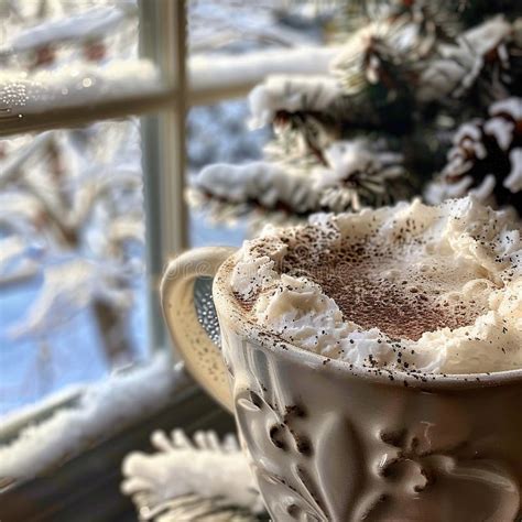Close Up Of Winter Solstice Hot Cocoa By A Window Frosted With Ice Stock Illustration