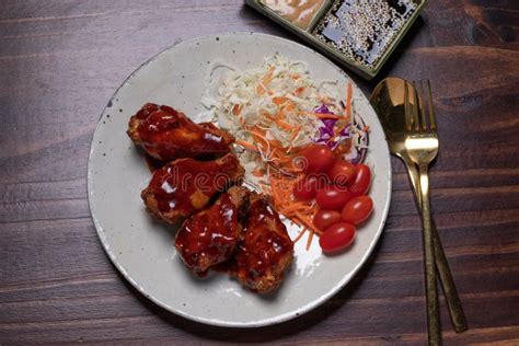 Korean Fried Chicken With Gochujang Sauce Spicy Sauce Stock Photo