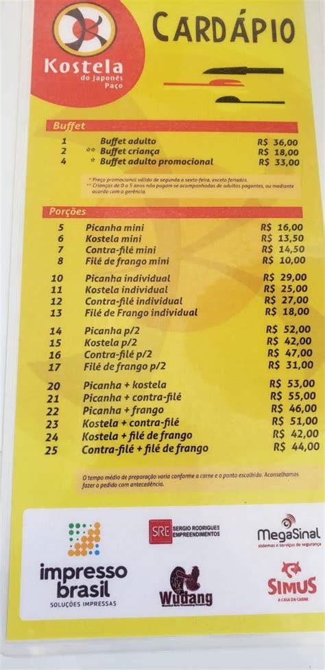 Menu em Kostela do Japonês unidade Alto da Boa Vista restaurante