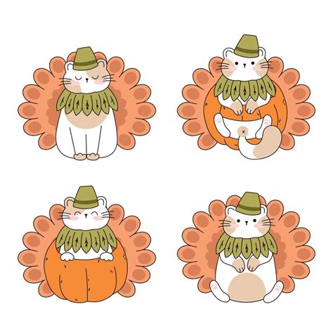 Draw Funny Cats In A Thanksgiving Pumpkin Turkey Kawaii Cat With