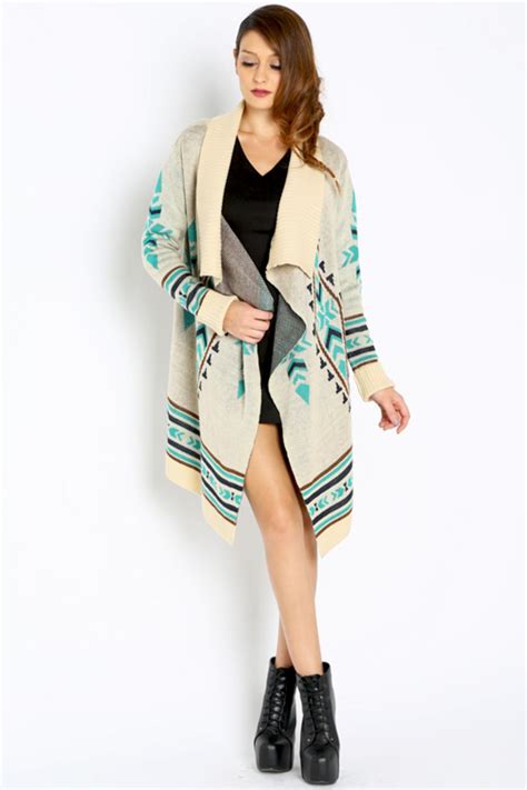 Pin Jade And Tan Native Aztec Asymmetrical Long Tribal Cardigan Sweater With Images Tribal