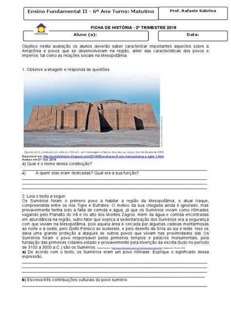 Atividade Mesopotamia 6 Ano - Características da Mesopotâmia e Sumérios | PDF | Mesopotâmia | Suméria