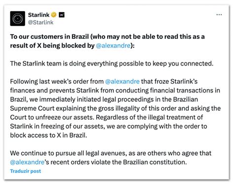 Starlink Contesta Decis O Mas Diz Que Vai Bloquear Acesso Ao X