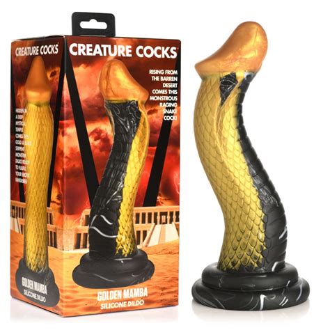 XR Brands Creature Cocks Golden Mamba Silicone Snake Dildo Gold Black Black Knight Erotica