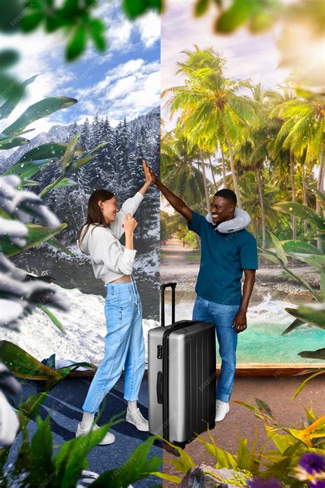 Premium Photo | Composition with couple traveling in summer versus winter