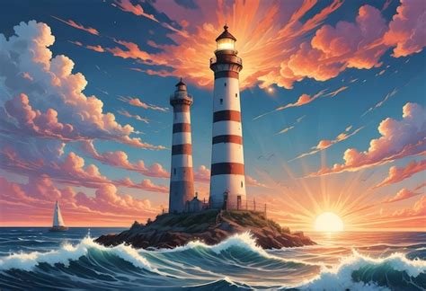 Premium Photo A Painting Of A Lighthouse With The Sun Setting In The