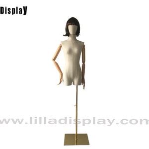 Adjustable Gold Square Base Wooden Arms Natural Linen Female Mannequin