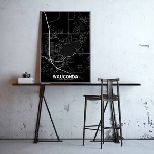 WAUCONDA Illinois IL Usa Map Poster Black White Hometown City Print Modern Home Decor Office ...