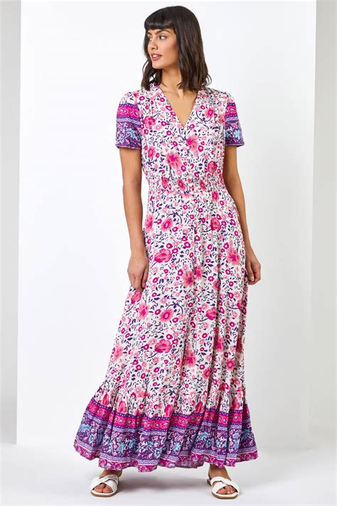 Floral Shirred Waist Maxi Dress In Pink Roman Originals UK