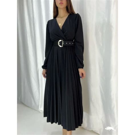 Secret Passion Lingerie V Yaka Uzun Kollu Siyah Renk Pliseli Kemerli Midi Boy Abiye Ve Mezuniyet