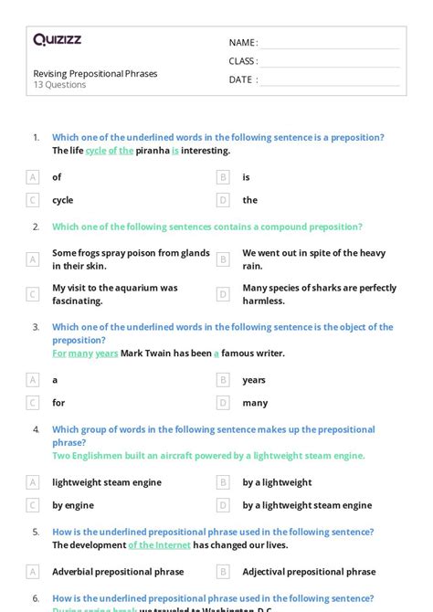 Prepositional Phrases Worksheets For Th Year On Quizizz Free