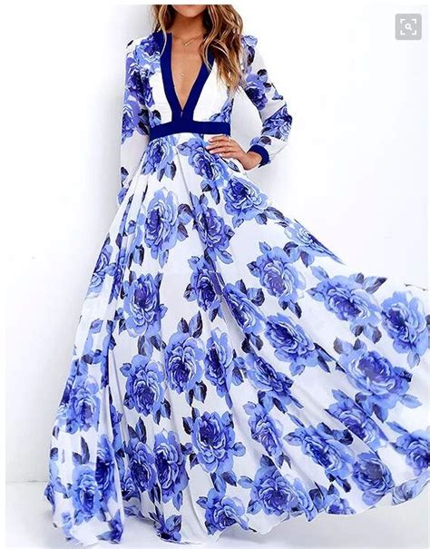 2016 Women S New Deep V Collar Printing Dress Large Hem Maxi Long