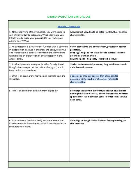 Lizard Evolution Virtual Lab Answer Key 8