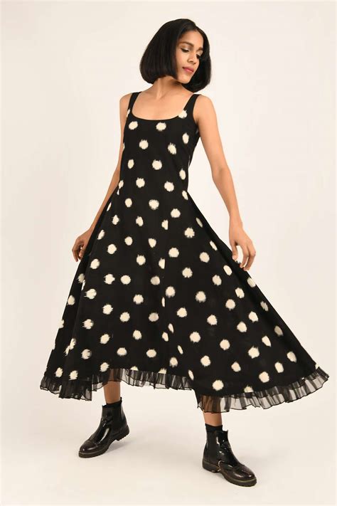 Buy Indigo Dreams Black Handwoven Double Ikat Dalhousie Polka Dot Woven Dress Online Aza Fashions