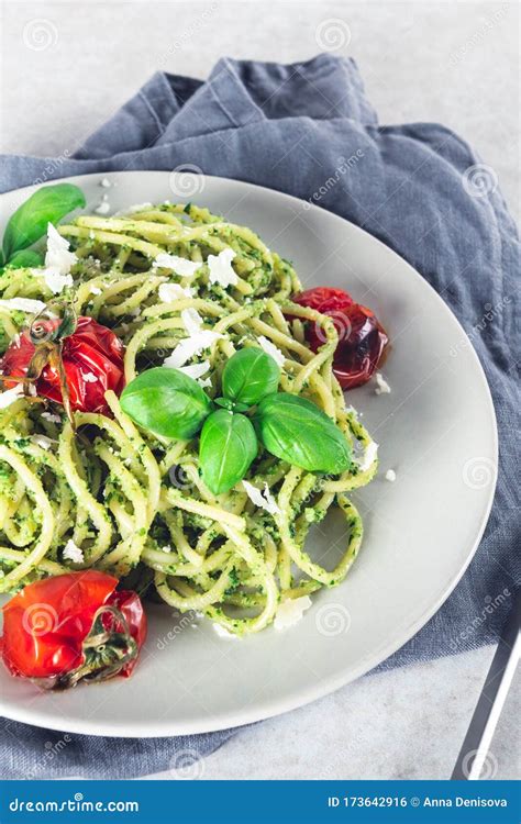 Spaghetti With Pesto Sauce Stock Photo Image Of Gourmet