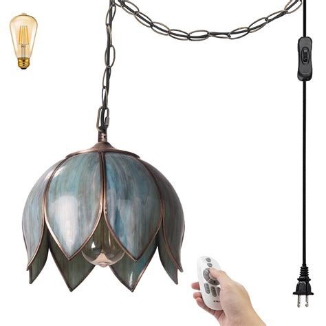 Fsliving Lotus Swag Pendant Light Remote Control Tiffany Style Handle