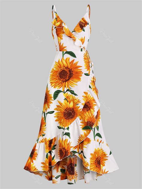 Sunflower Print Flounce Wrap Maxi Dress 37 Off Rosegal