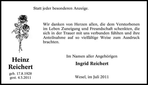 Traueranzeigen Von Heinz Reichert Trauer In Nrw De