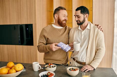 A Happy Gay Couple Stands In Stock Image Image Of Gift Coffee