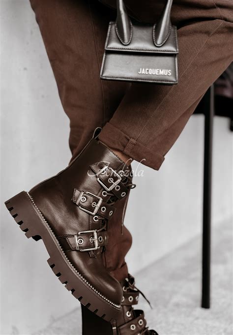 Brecken chocolate leather strappy boots - Andżela Online Store