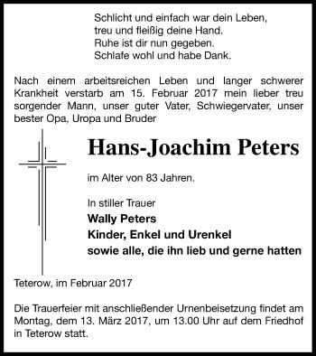 Traueranzeigen Von Hans Joachim Peters Trauer Nordkurier