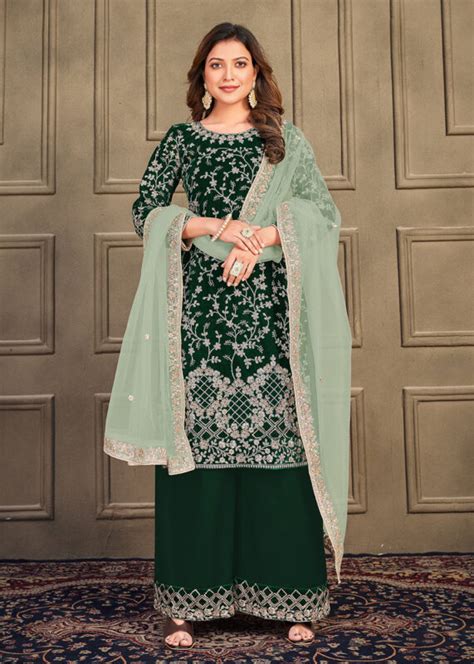 Dark Green Heavy Designer Embroidered Work Palazzo Suit Indian Heavy