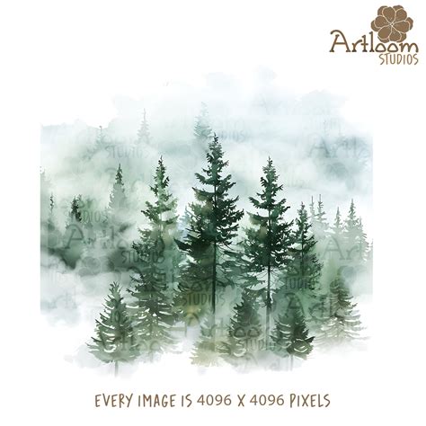 Foggy Pine Forest Clip Art Printable Watercolor Pine Forest Jpgs