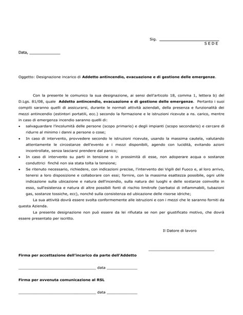 Lettera Incarico Addetto Antincendio