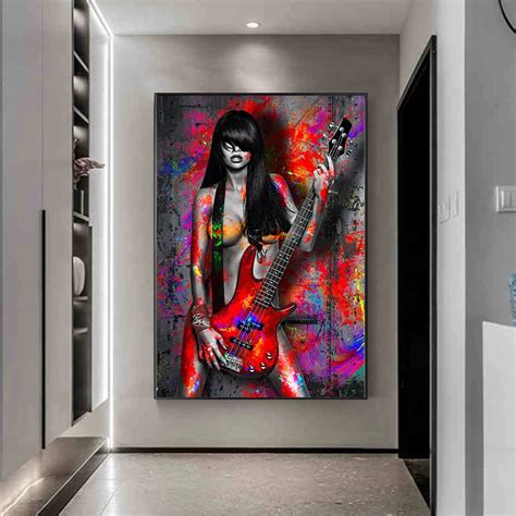 Graffiti Sexy Nude Woman With Guitar Posters And Prints Wall Art Canvas Painting Modern Naked