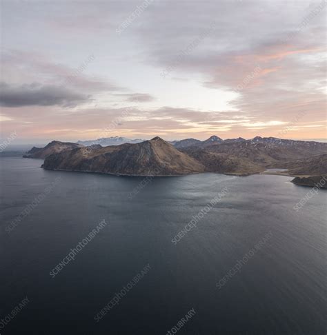 Aerial view of coastline along harbour, Alaska, USA - Stock Image ...