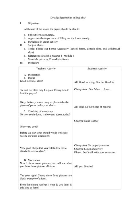 Detailed Lesson Plan In English Template